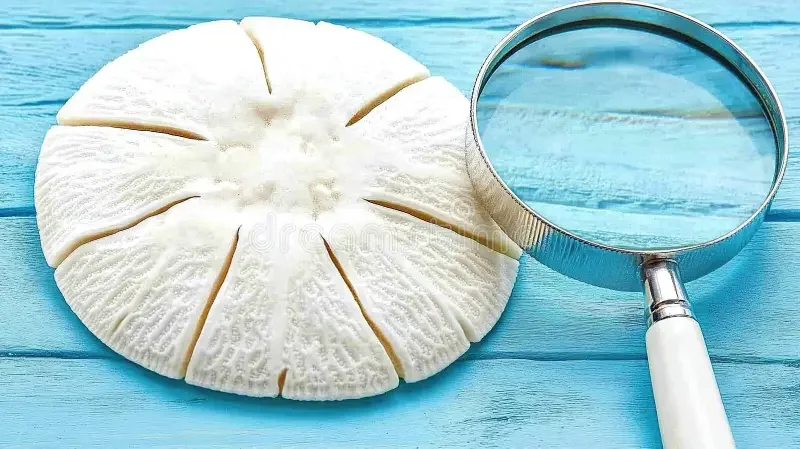 A sliced white cheese wheel and a magnifying glass on a blue wooden surface.