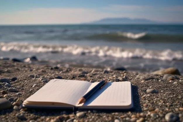 Open notebook with pen lying on a pebble beach near the ocean with waves and a distant headland in the background.