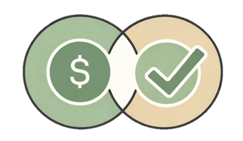 Icon of a dollar sign and a checkmark overlapping, representing financial validation or approval.