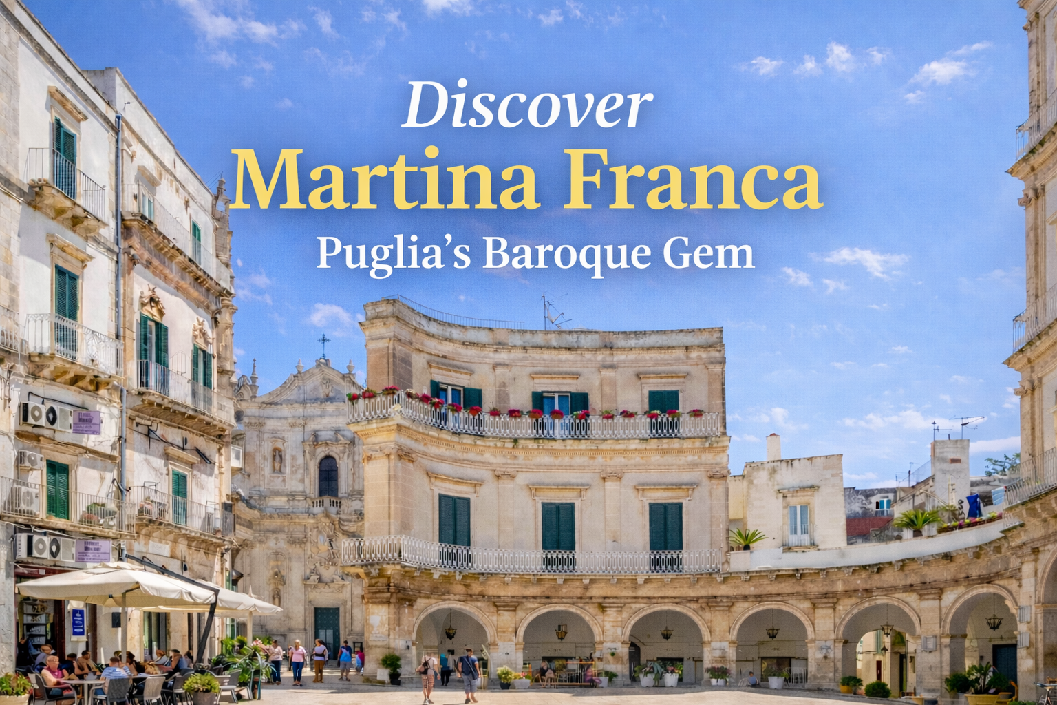 Piazza Plebiscito in Martina Franca with Basilica di San Martino and historic arcades with text overlay reading Discover Martina Franca, Puglia’s Baroque Gem.