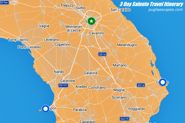 salento puglia three day travel itinerary lecce otranto gallipoli map