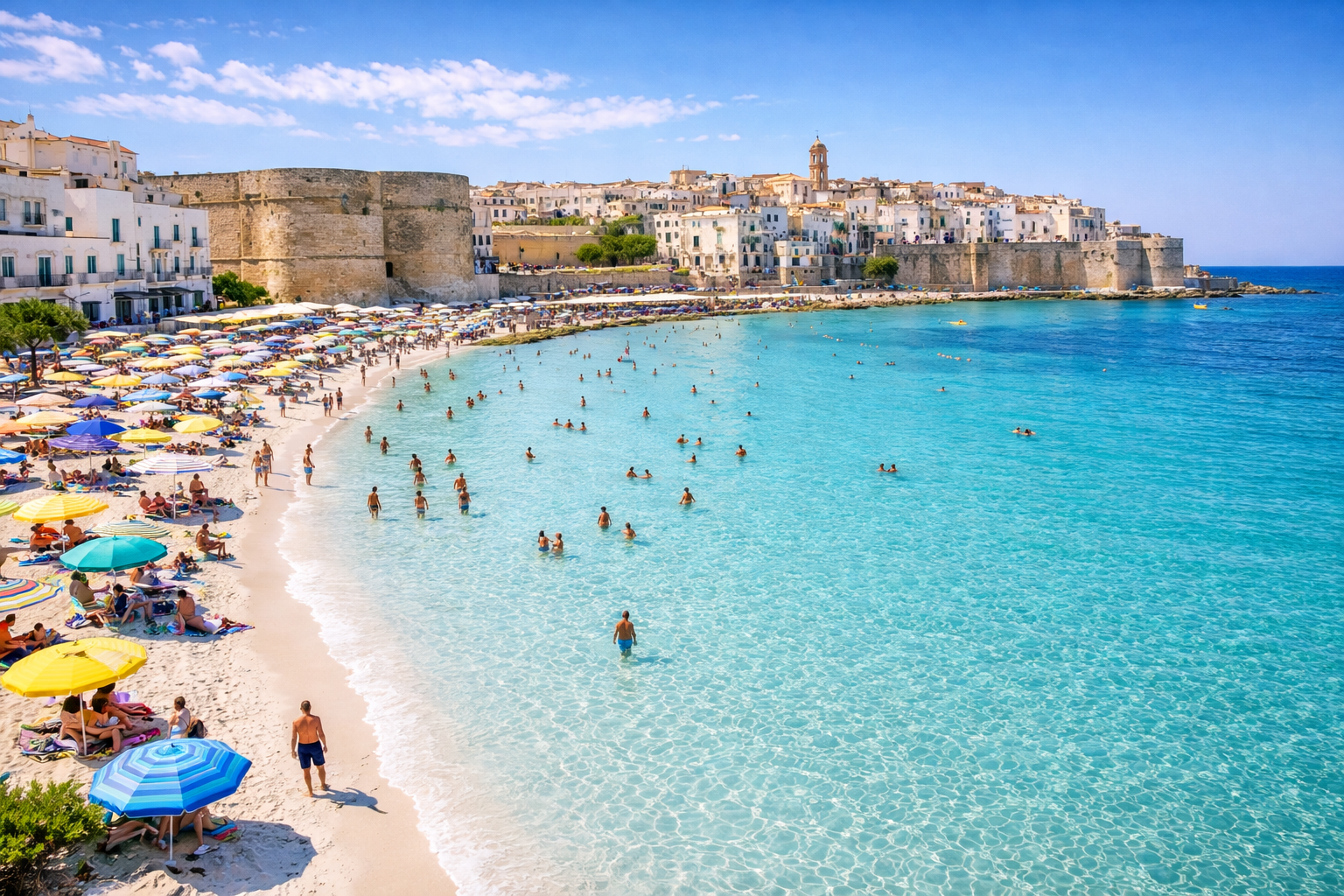 Crystal-clear turquoise water and white sand beach in Otranto with the medieval old town walls overlooking the Adriatic Sea in Puglia, Italy.