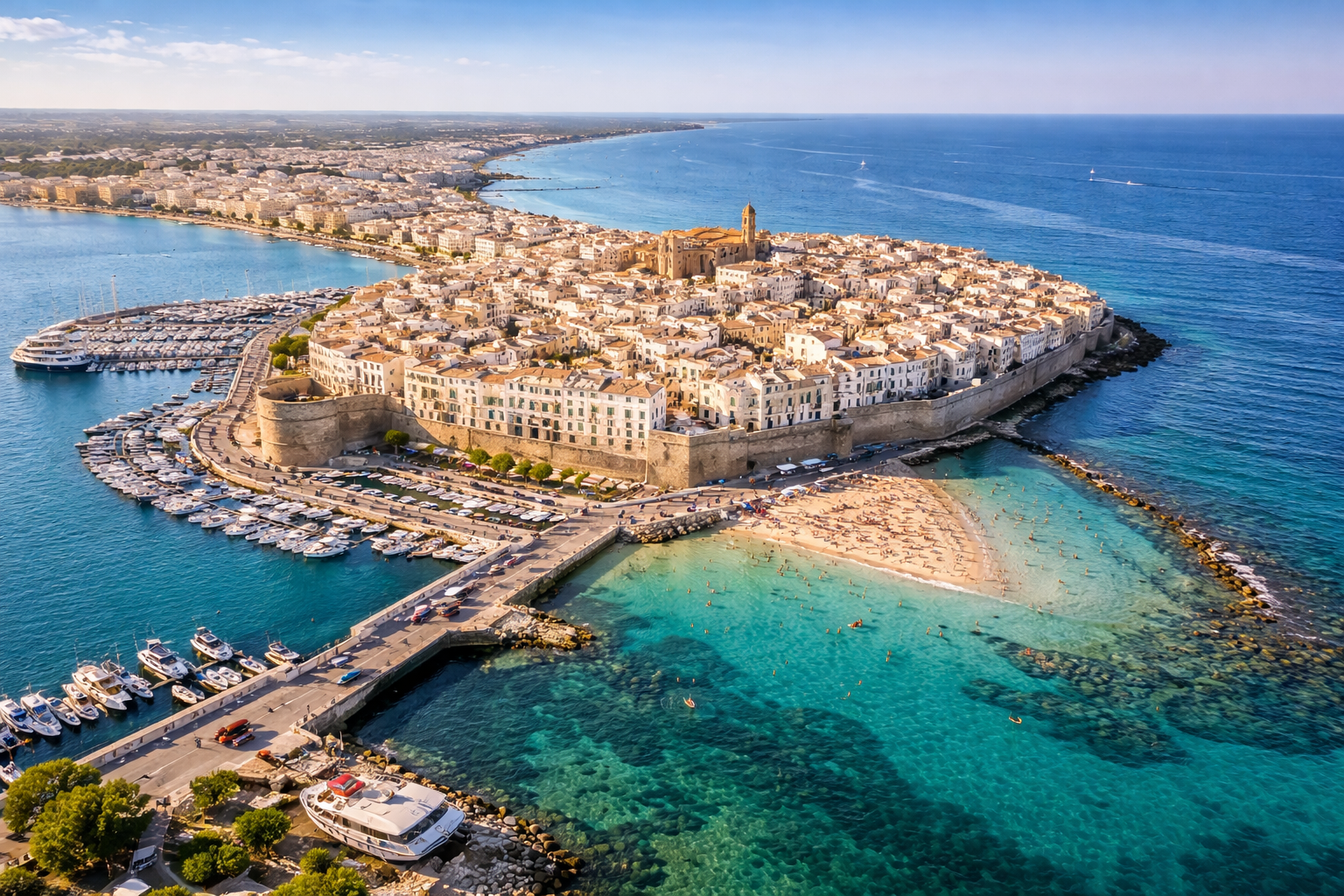 Aerial view of Gallipoli’s historic old town surrounded by the turquoise Ionian Sea and connected to mainland Puglia by a bridge in southern Italy.