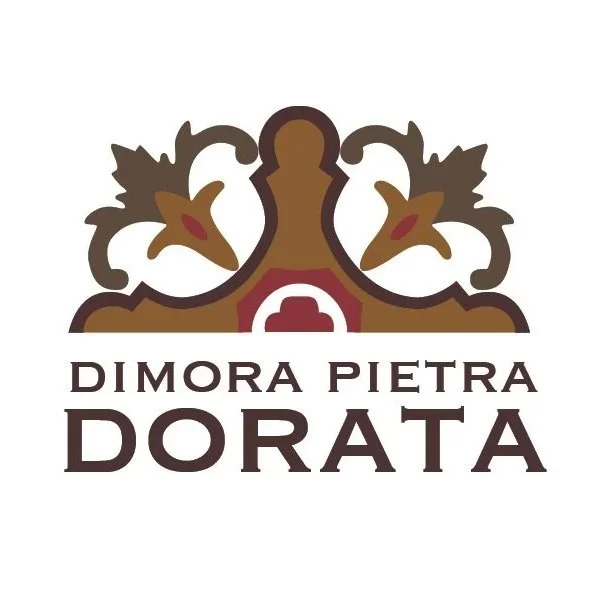 Logo with a decorative gold and brown crown-like design and the text "Dimora Pietra Dorata" beneath it.