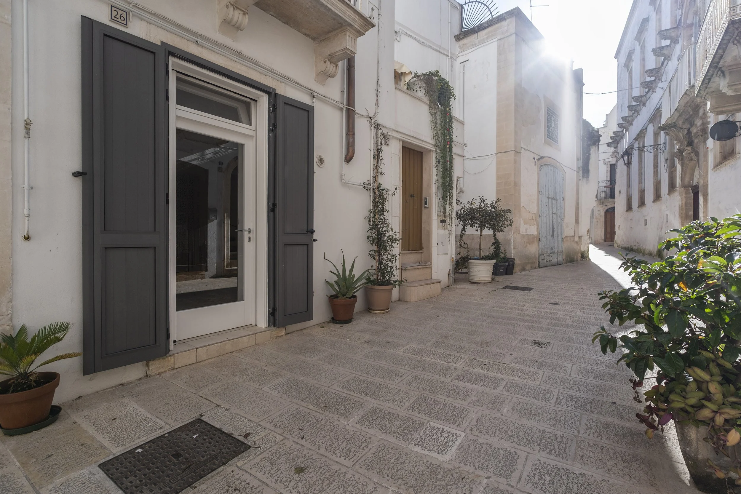 Empty narrow cobblestone street in a Mediterranean town with white buildings and potted plants, sunlight shining down.