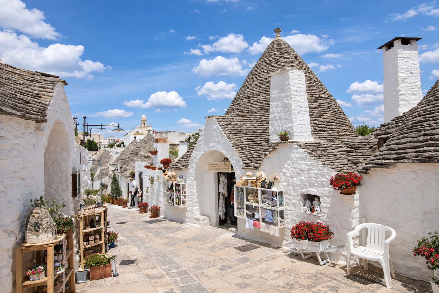 Traditional trulli houses lining a street in Alberobello, Puglia, Italy with white stone buildings and conical roofs under a blue sky.