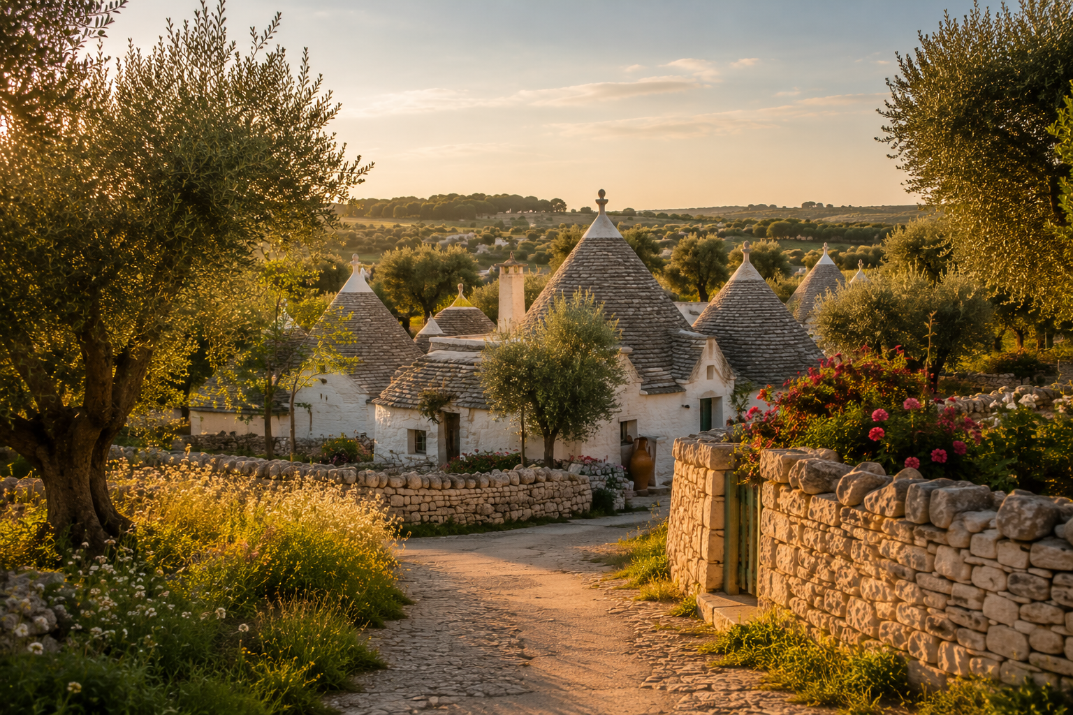 A scenic view of traditional Trulli houses with conical roofs, surrounded by a garden with trees and flowers, during sunset in Puglia, Italy.