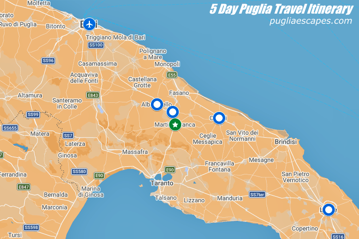five day puglia travel map bari martina franca locorotondo alberobello ostuni lecce