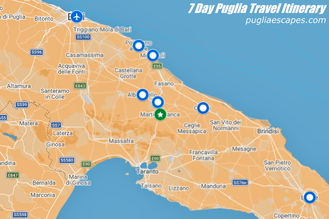 seven day puglia travel map bari martina franca locorotondo alberobello ostuni lecce monopoli polignano a mare