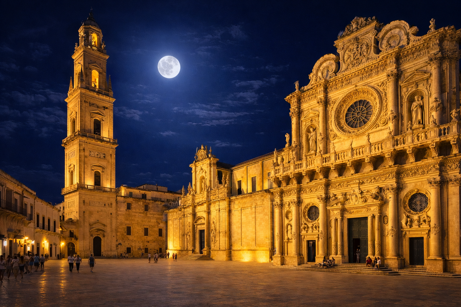 Piazza del Duomo in Lecce at night with the illuminated Lecce Cathedral and Baroque architecture under a moonlit sky in Puglia, Italy.