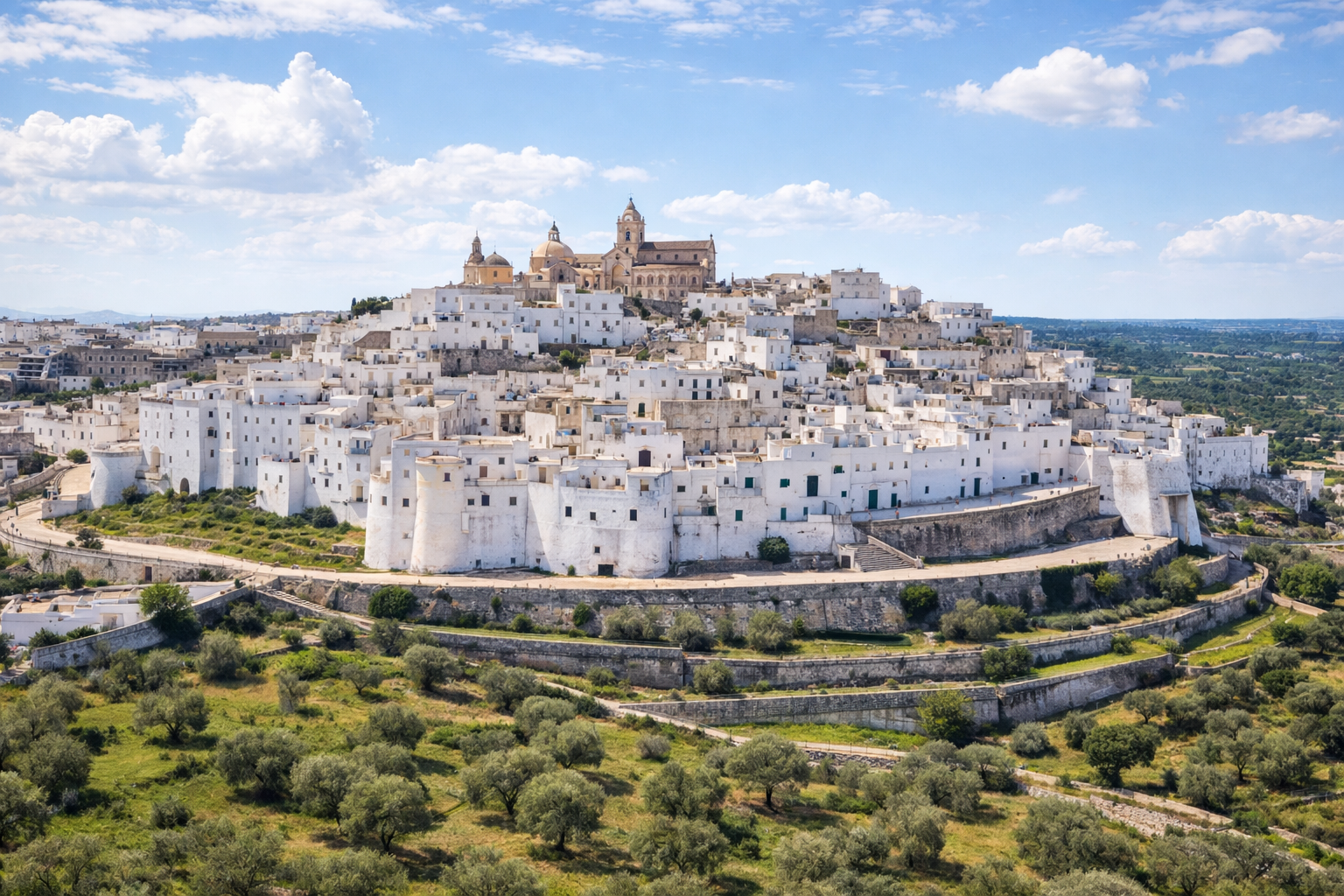 Hilltop view of Ostuni the White City in Puglia Italy surrounded by olive groves