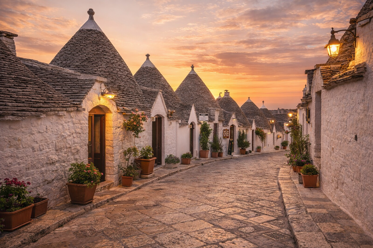 Trulli houses at sunset in Alberobello puglia italy