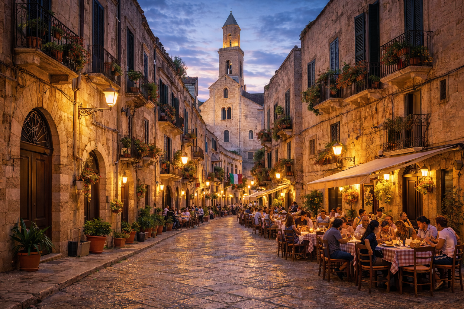 Evening street scene in Bari Vecchia with outdoor dining tables, historic stone buildings, and the Basilica of Saint Nicholas in the background in Bari, Puglia, Italy.