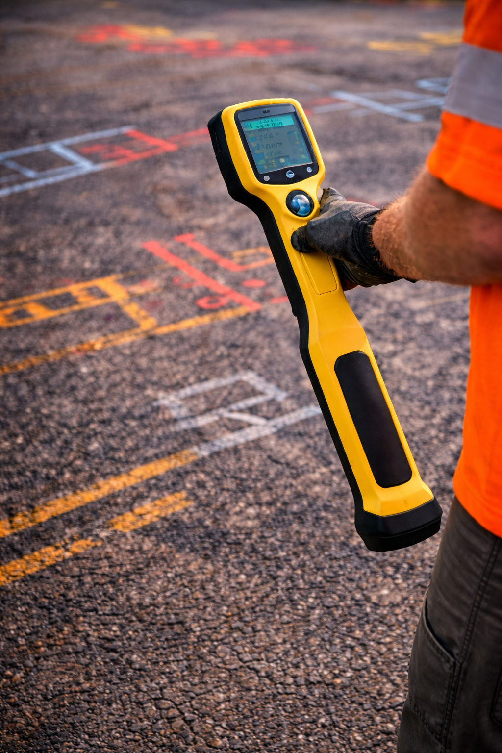 Utility locator using EM, possibly a radar or inspection tool, in an outdoor area with marked parking or construction lines on the ground.