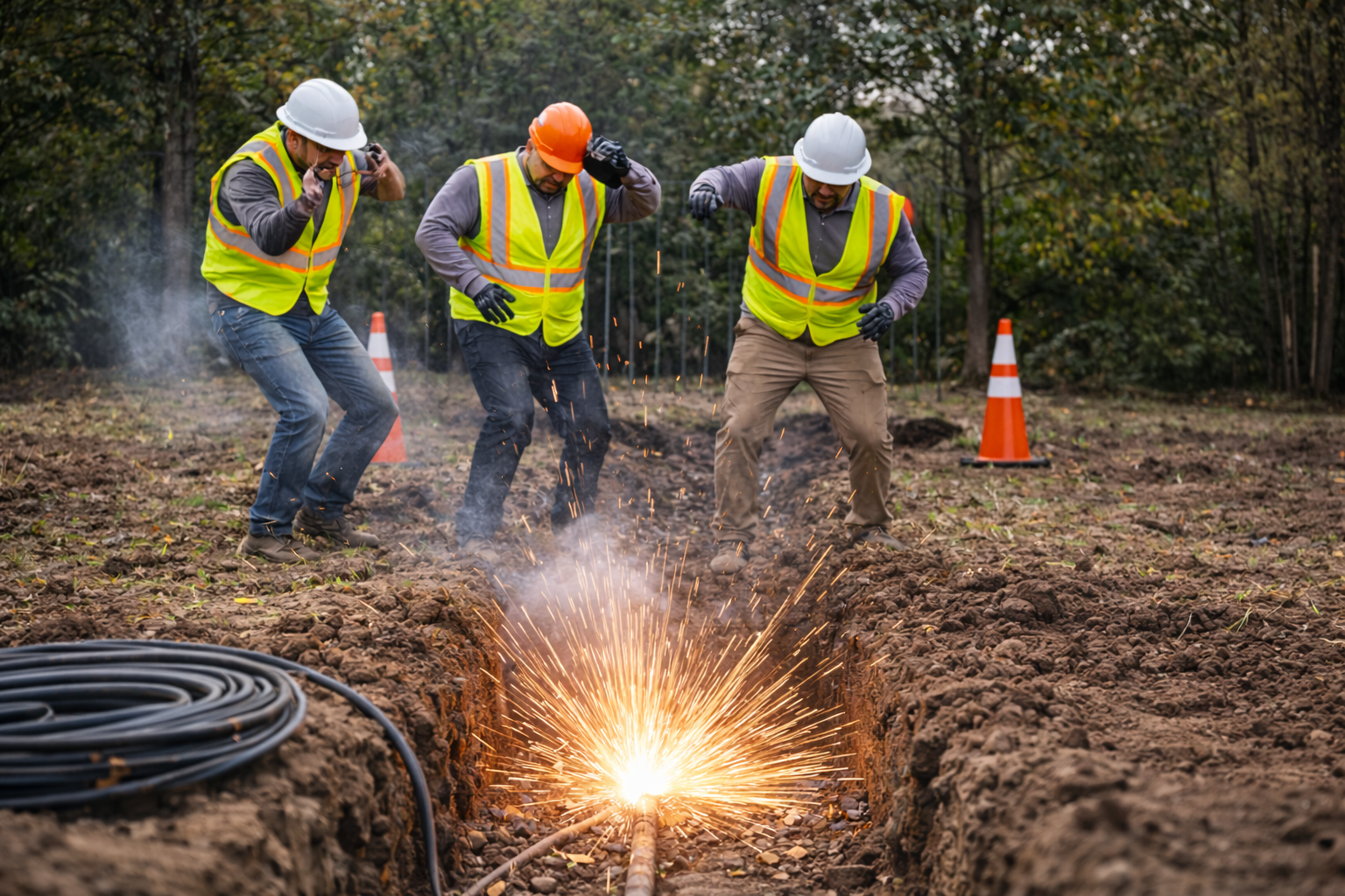 Utility workers reacting to an electrical line strike in a trench, showing the safety risks of hitting underground utilities during excavation.