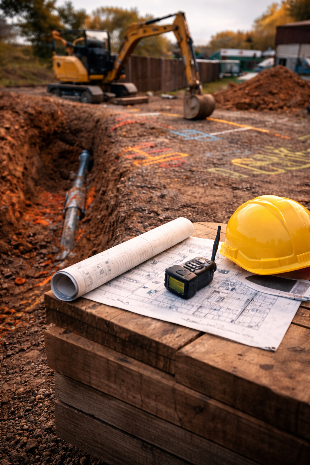 Construction site with an excavator in the background, a trench with piping, and a table in the foreground holding a yellow safety helmet, a blueprint, and a walkie-talkie.