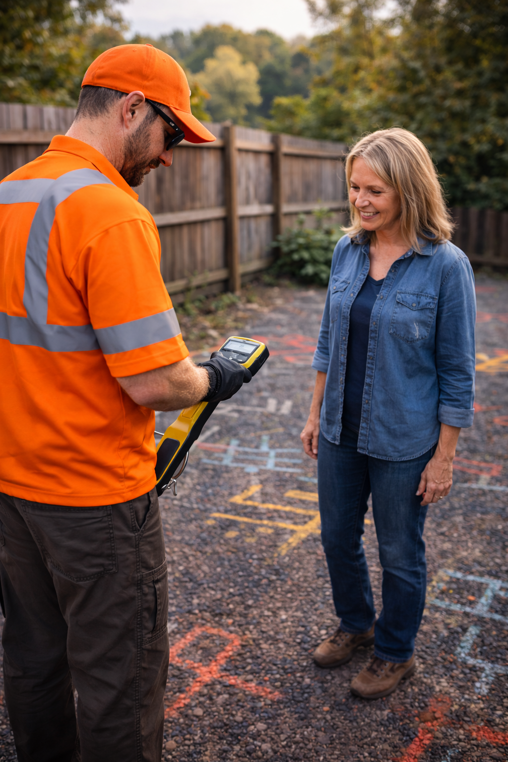 A man in an orange safety shirt and orange cap showing a handheld device to a smiling woman in a denim shirt, outdoors in a parking lot with colorful markings on the ground and a wooden fence in the background.