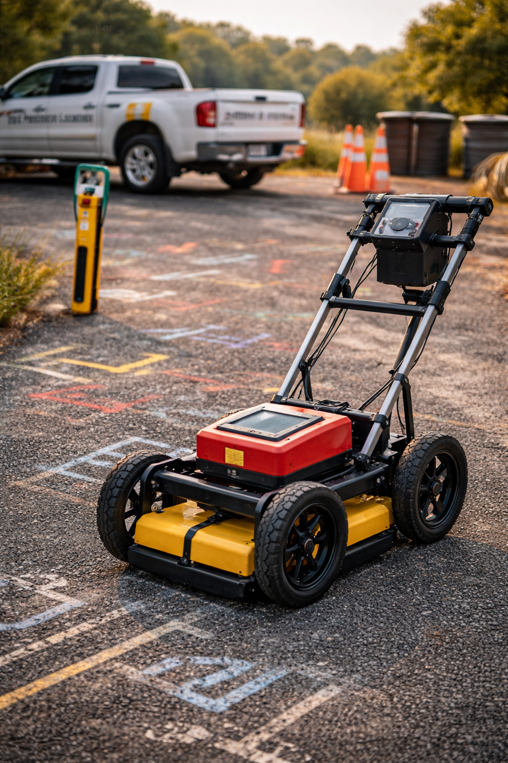 Ground Pentatrating Radar CPR in parking lot with a pickup truck and orange traffic cones in the background.
