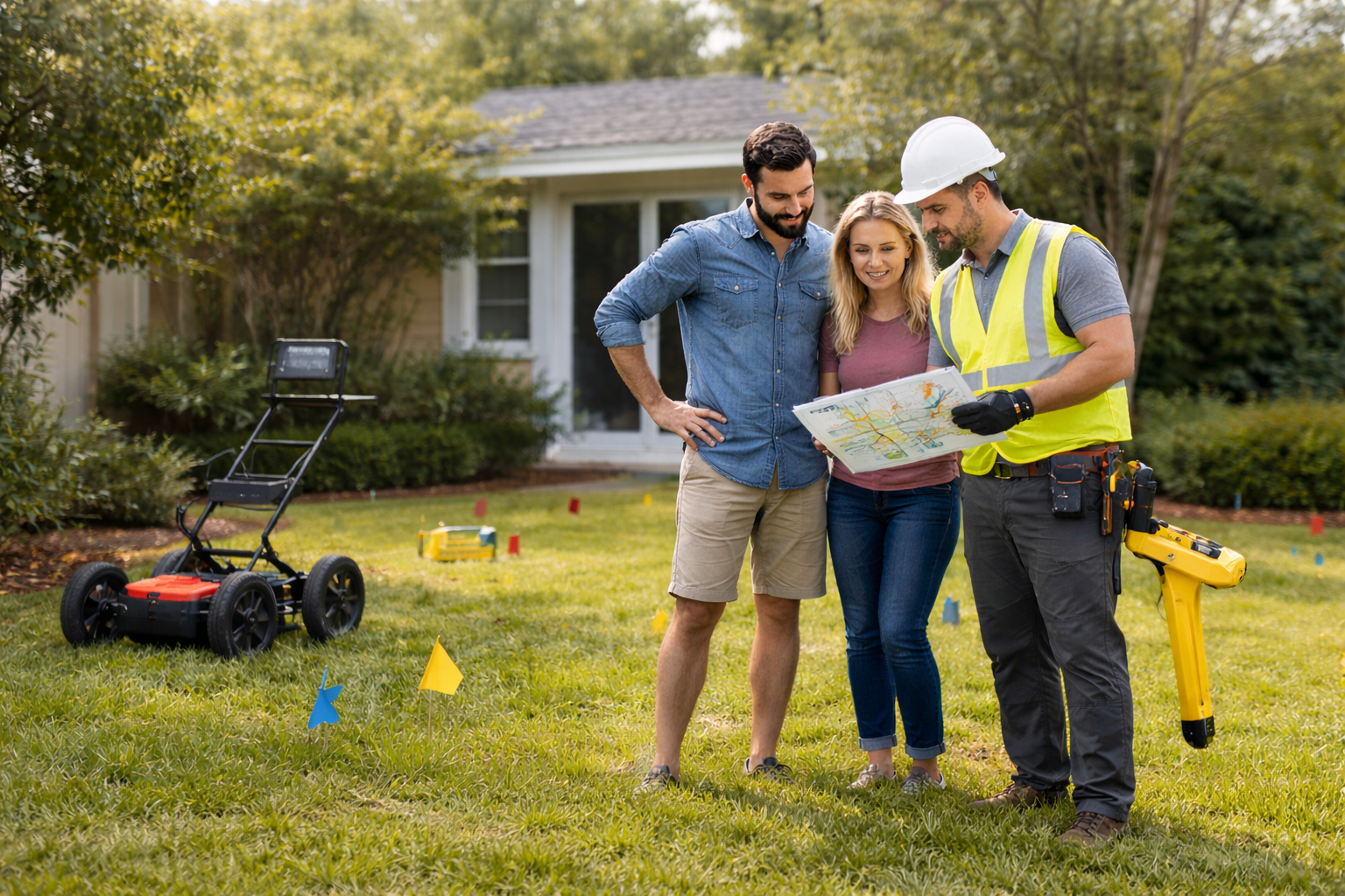 Homeowners consulting with a private utility locating professional in a residential yard in Atlanta Georgia, with EM and GPR equipment prepared for underground utility detection before digging.