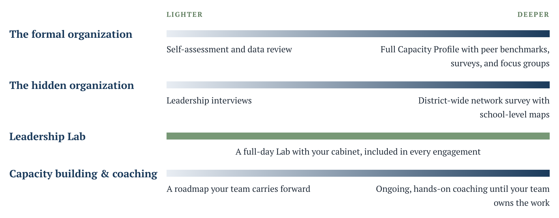 Support scales from lighter to deeper for each part of the work: the formal organization, the hidden organization, and capacity building and coaching. A full-day Leadership Lab is included in every engagement.