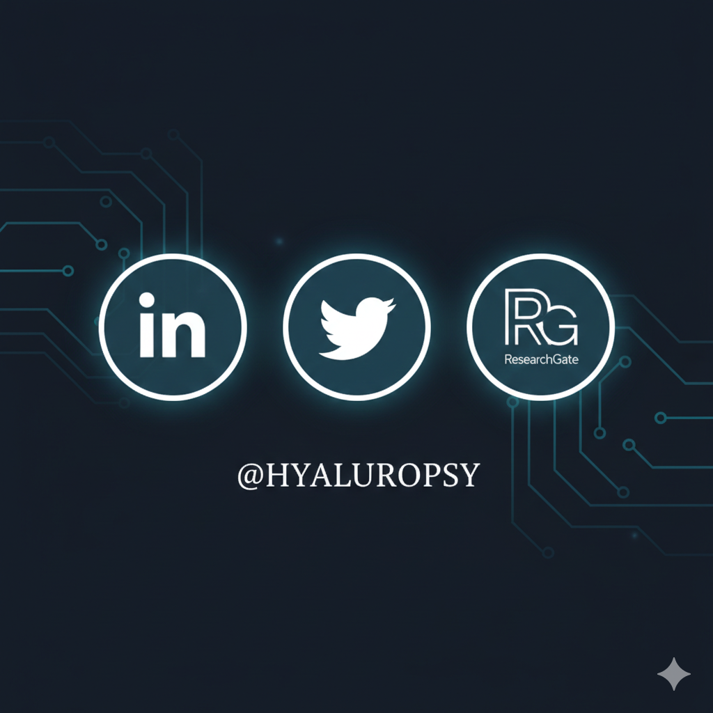 Social media icons for LinkedIn, Twitter, and ResearchGate with the handle @HYALUROPSY on a dark circuit board background.