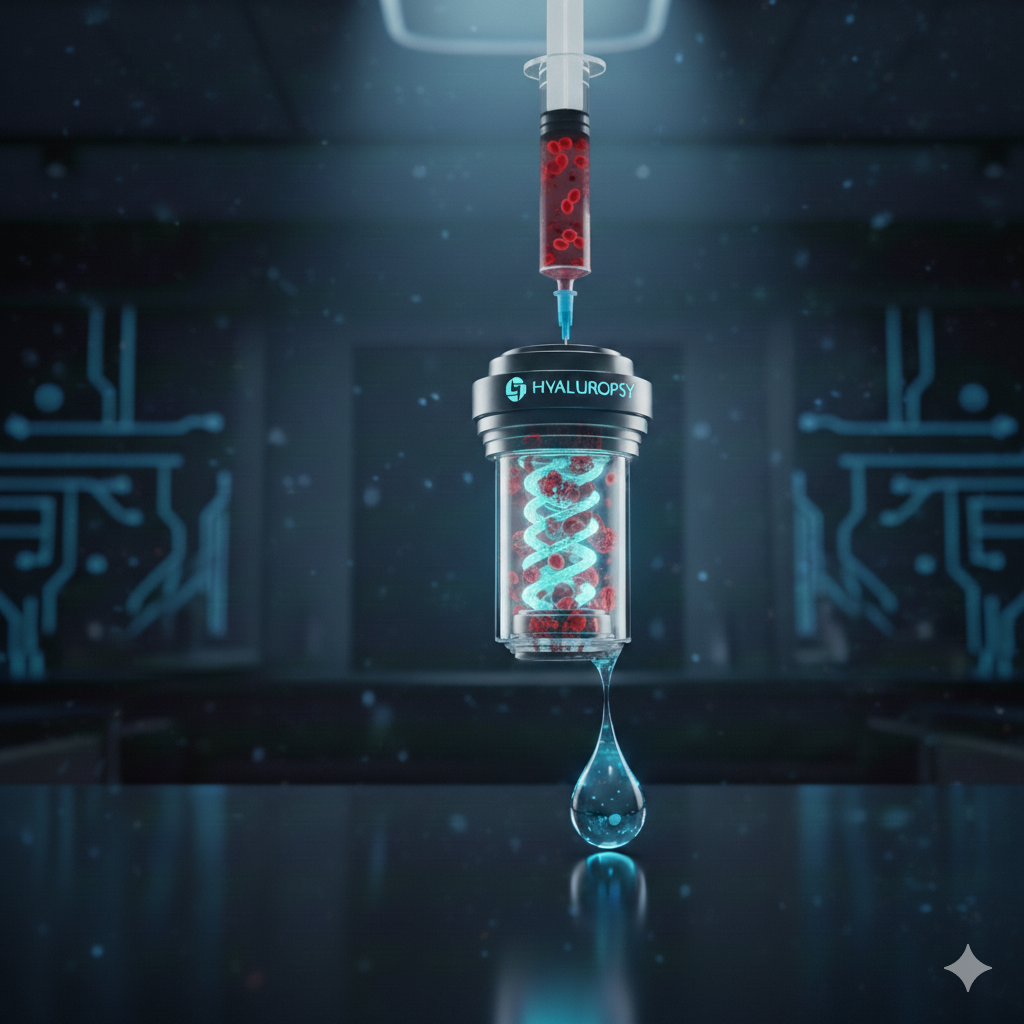 A syringe drawing a red liquid connected to a device labeled 'Hyaluropsi', with a glowing, DNA-like structure inside the device, in a futuristic laboratory environment.