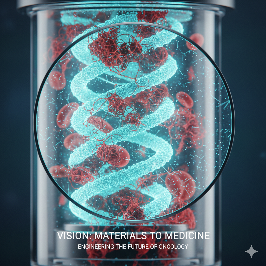 A digital illustration of a DNA double helix intertwined with red cancer cells, displayed inside a glass container with the text, "VISION: MATERIALS TO MEDICINE ENGINEERING THE FUTURE OF ONCOLOGY."