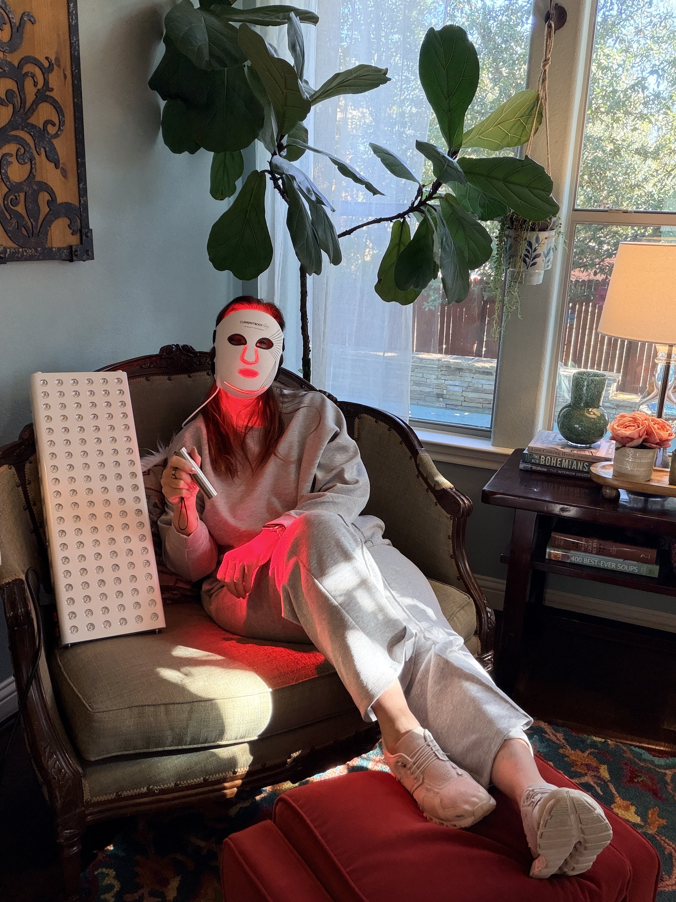 Red light therapy at home using MitoPro panel and  Current Body LED face mask