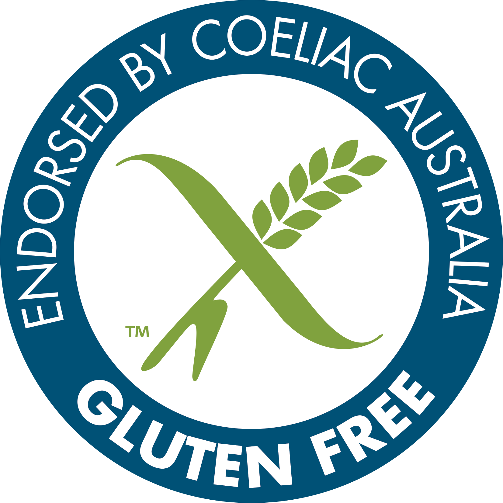Gluten-free certification seal by Coeliac Australia, featuring green wheat and a pair of scissors in a circle with a blue border.