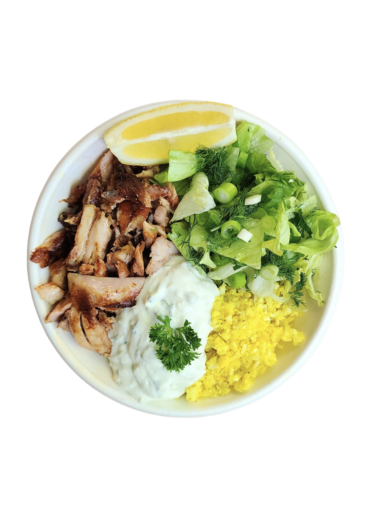 Bowl of chopped grilled chicken, fresh salad with lettuce, green onions, and dill, yellow scrambled eggs, a dollop of creamy sauce with parsley, and lemon wedges.