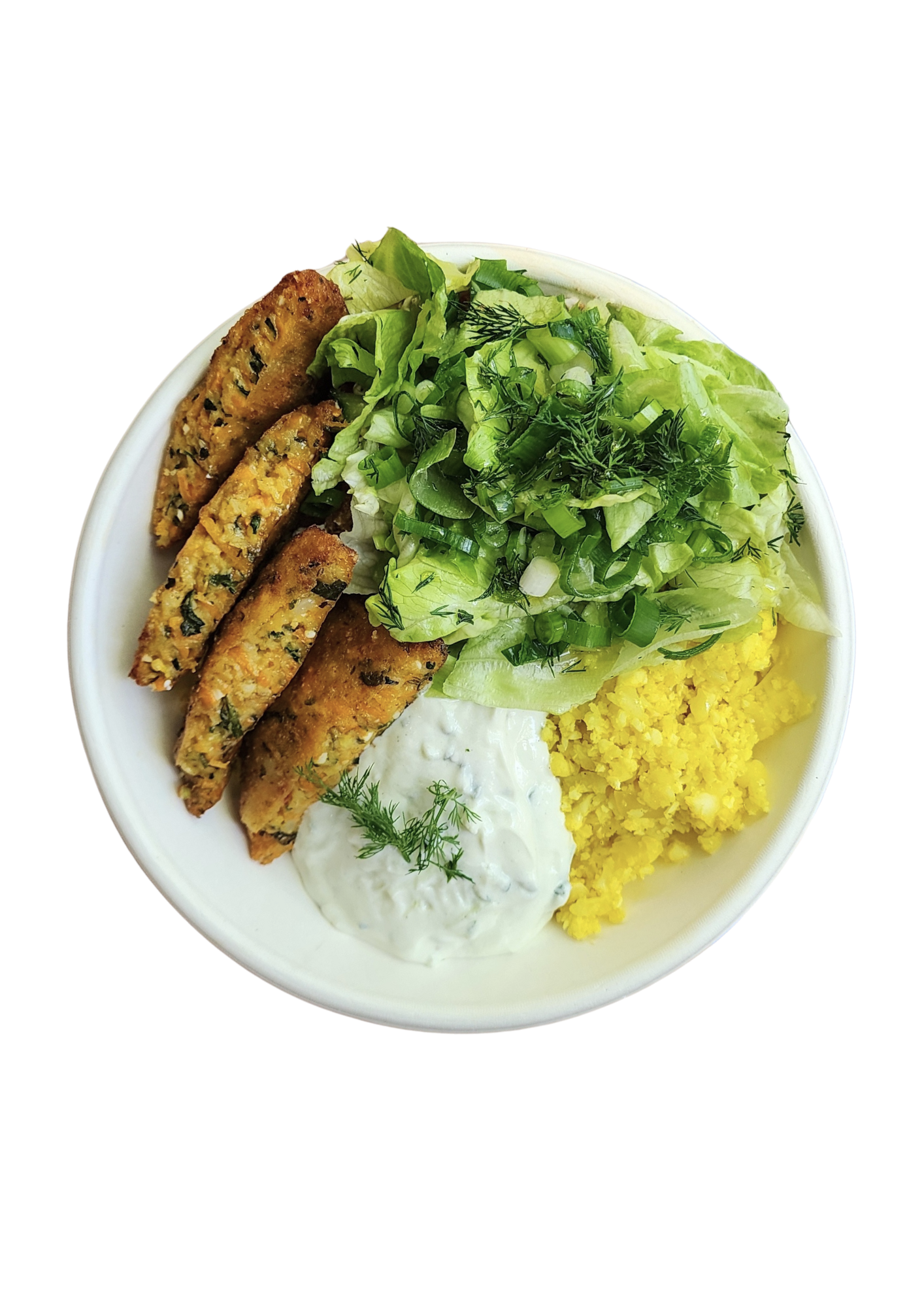 A bowl of falafel with chopped lettuce, cucumbers, herbs, creamy dressing, and yellow hummus.