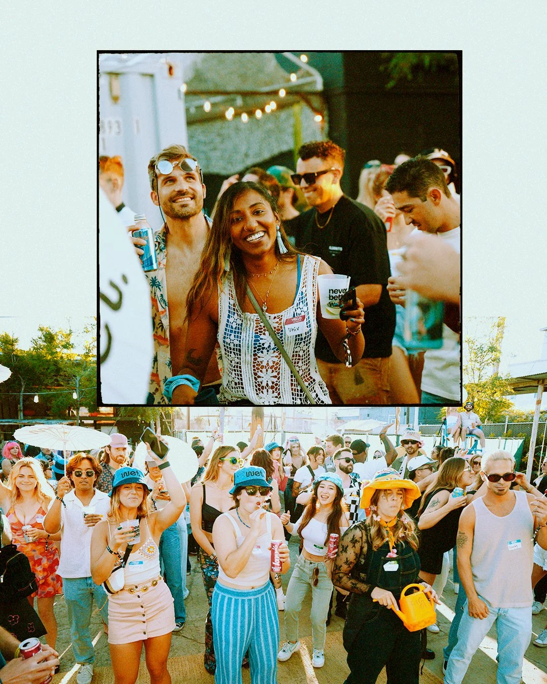 A group of people at an outdoor party enjoying music, drinks, and festive clothing on a sunny day.