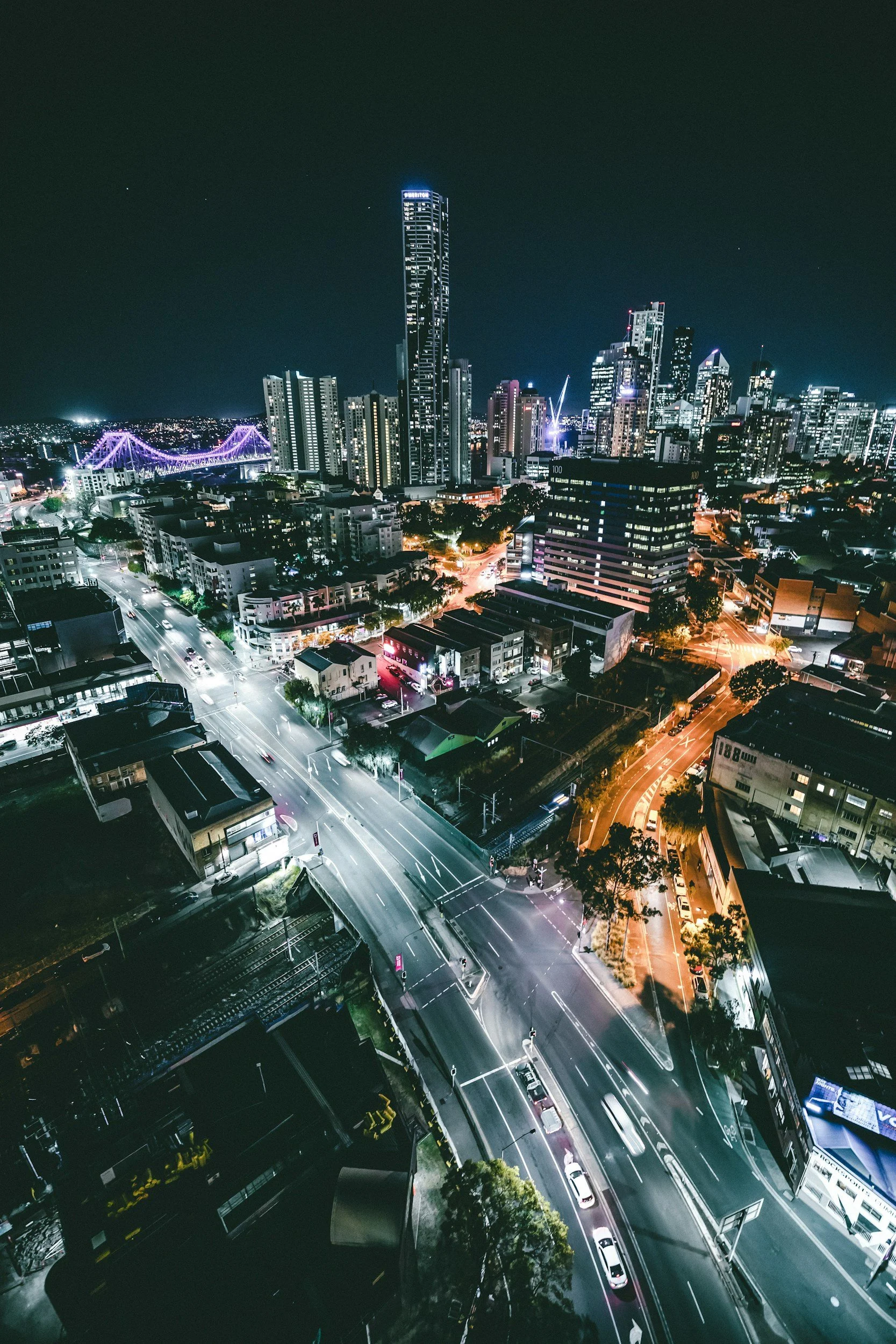 Aerial shot of Brisbane, Queensland, Australia at night