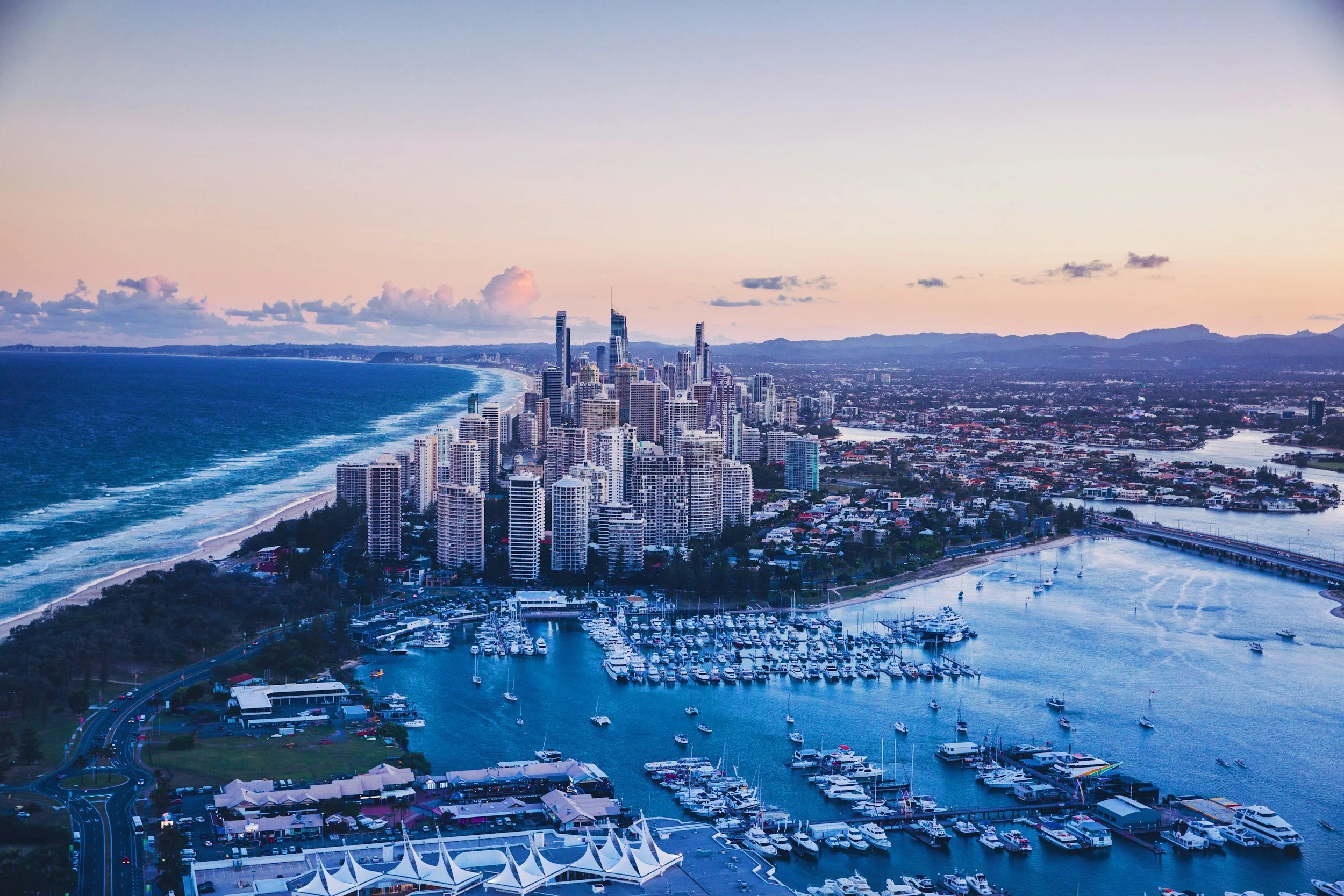 Aerial shot of the Gold Coast, Queensland at sunset.