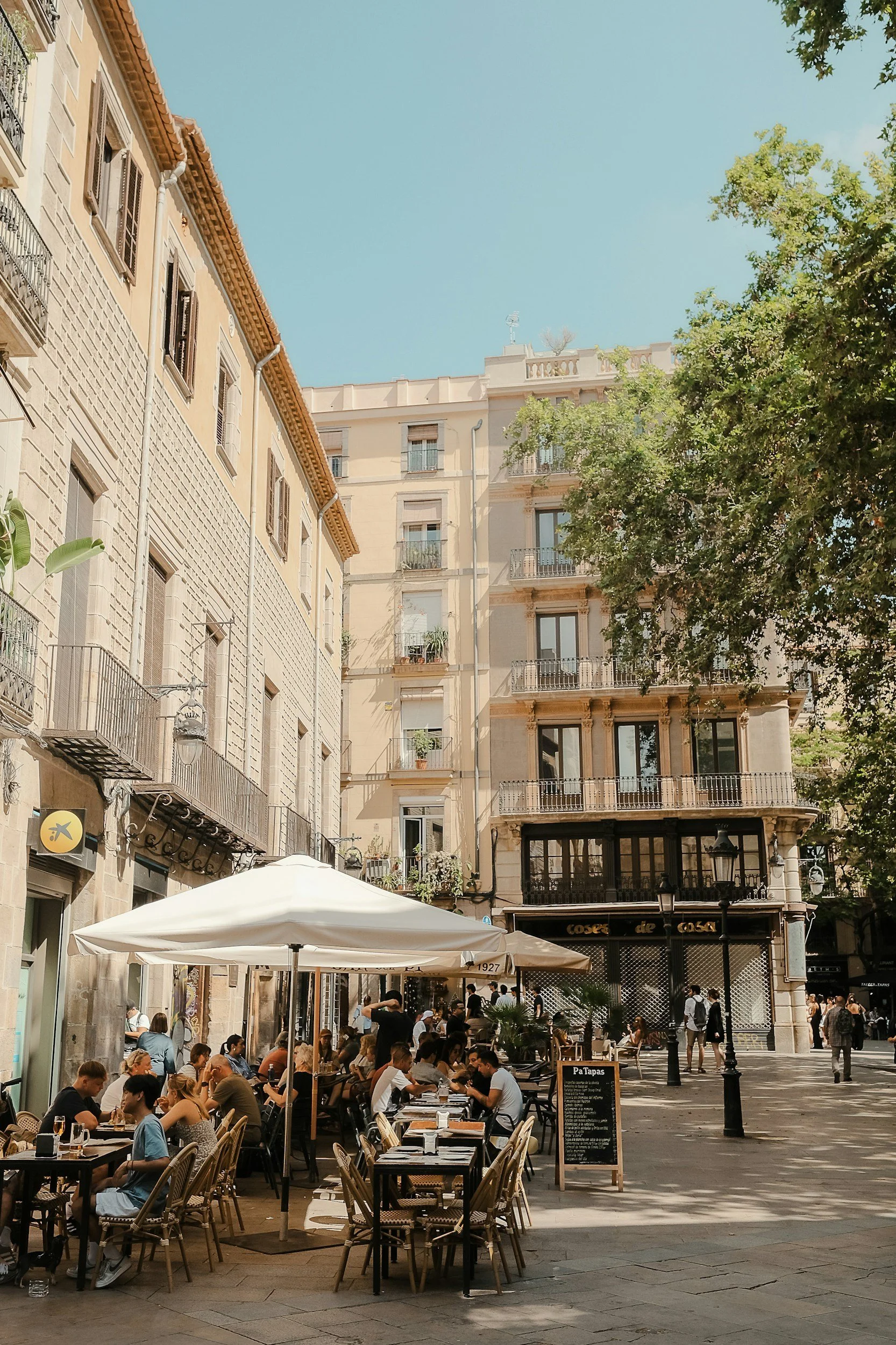 A square with restaurants in Barcelona, Spain
