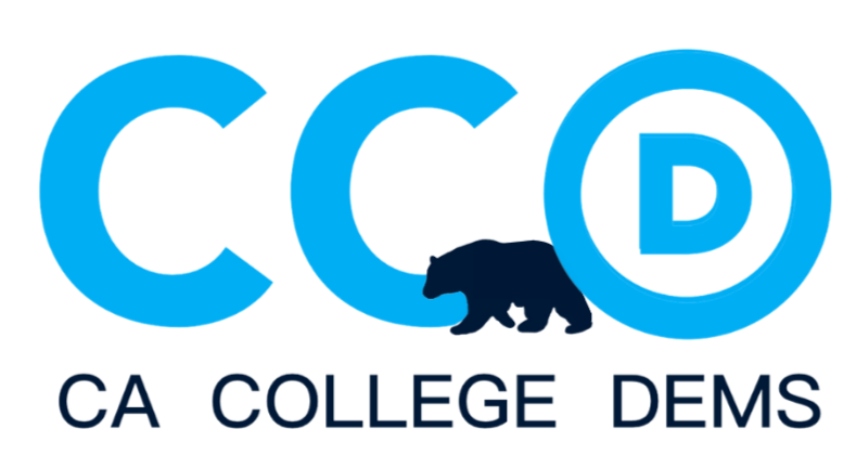 Logo for California College Democrats featuring the letters 'CCD', a black bear silhouette, and the text 'CA COLLEGE DEMS'.