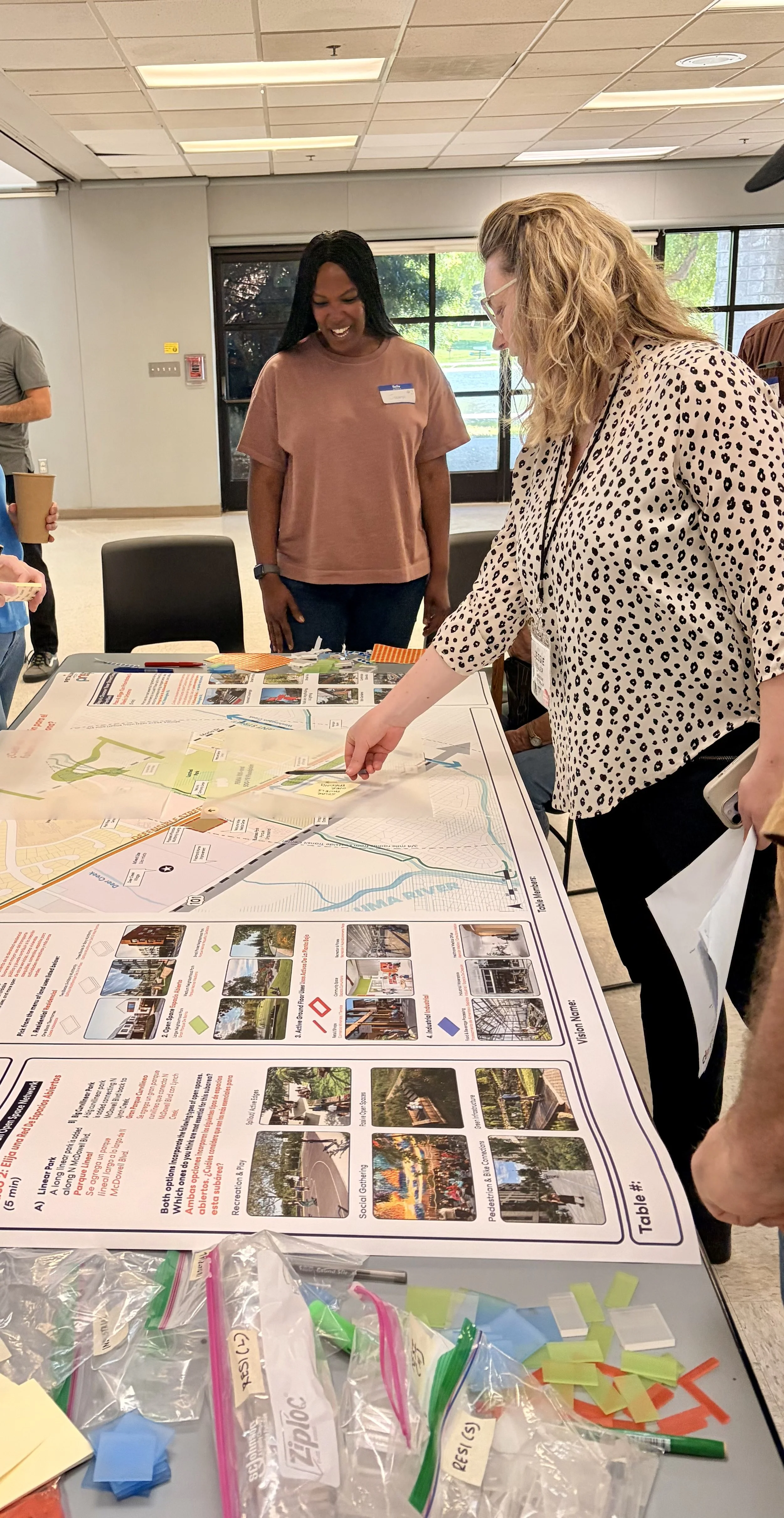 People at a table discussing a large informational poster about community development projects with maps and photos, in a well-lit room with large windows.