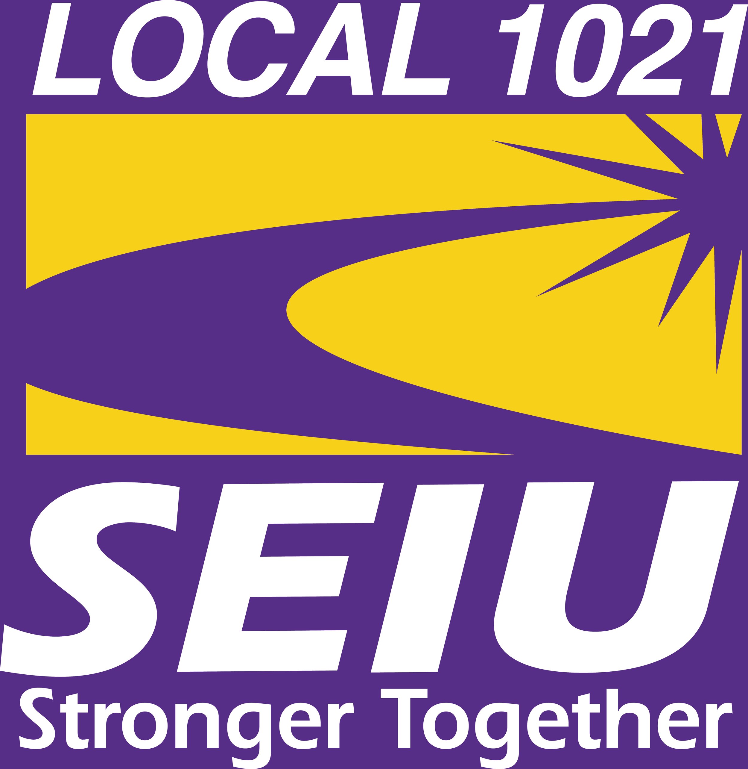 SEIU logo with purple and yellow design, featuring a starburst and stylized pathway, with the text 'Local 1021 SEIU Stronger Together'.