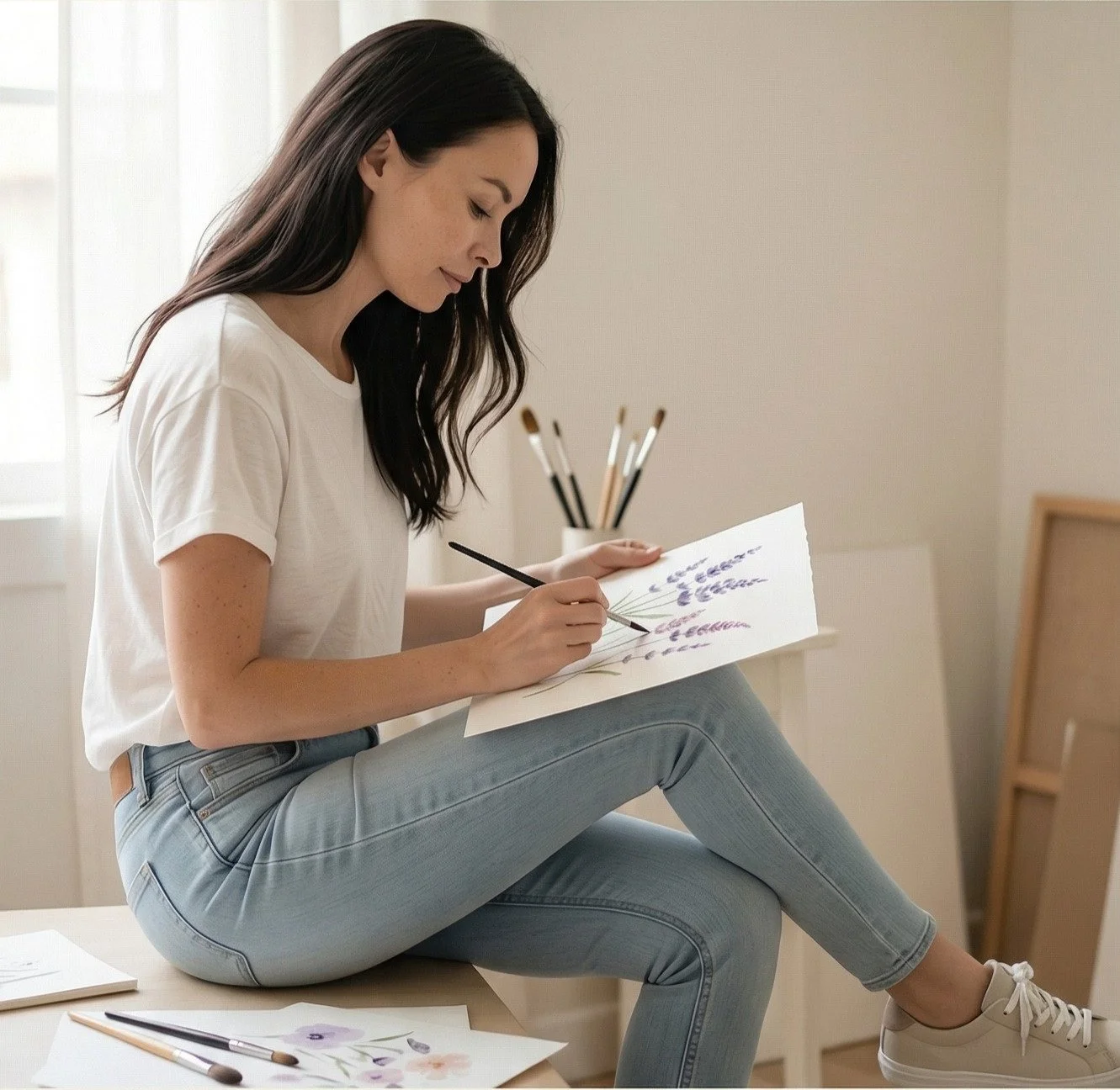 A woman painting watercolor flowers while sitting cross-legged on a table in a bright room.