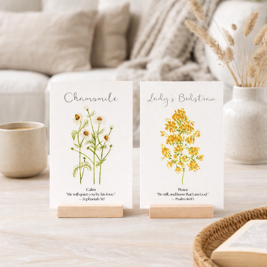 Botanical scripture cards on coffee table.png