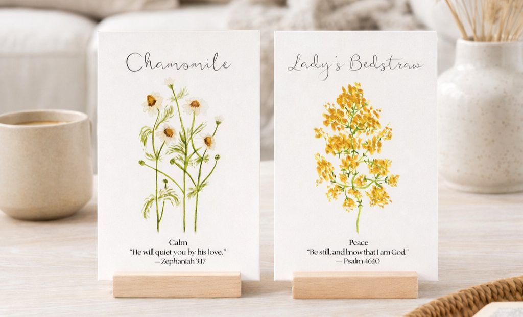 Two cards with illustrations of chamomile and Lady's Bedstraw plants, each with a quote about peace and calm, placed on small wooden stands on a table with cups in the background.