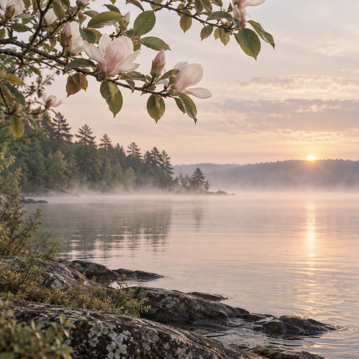 Blush magnolia blossoms overlooking a misty northern Michigan lake at sunrise.