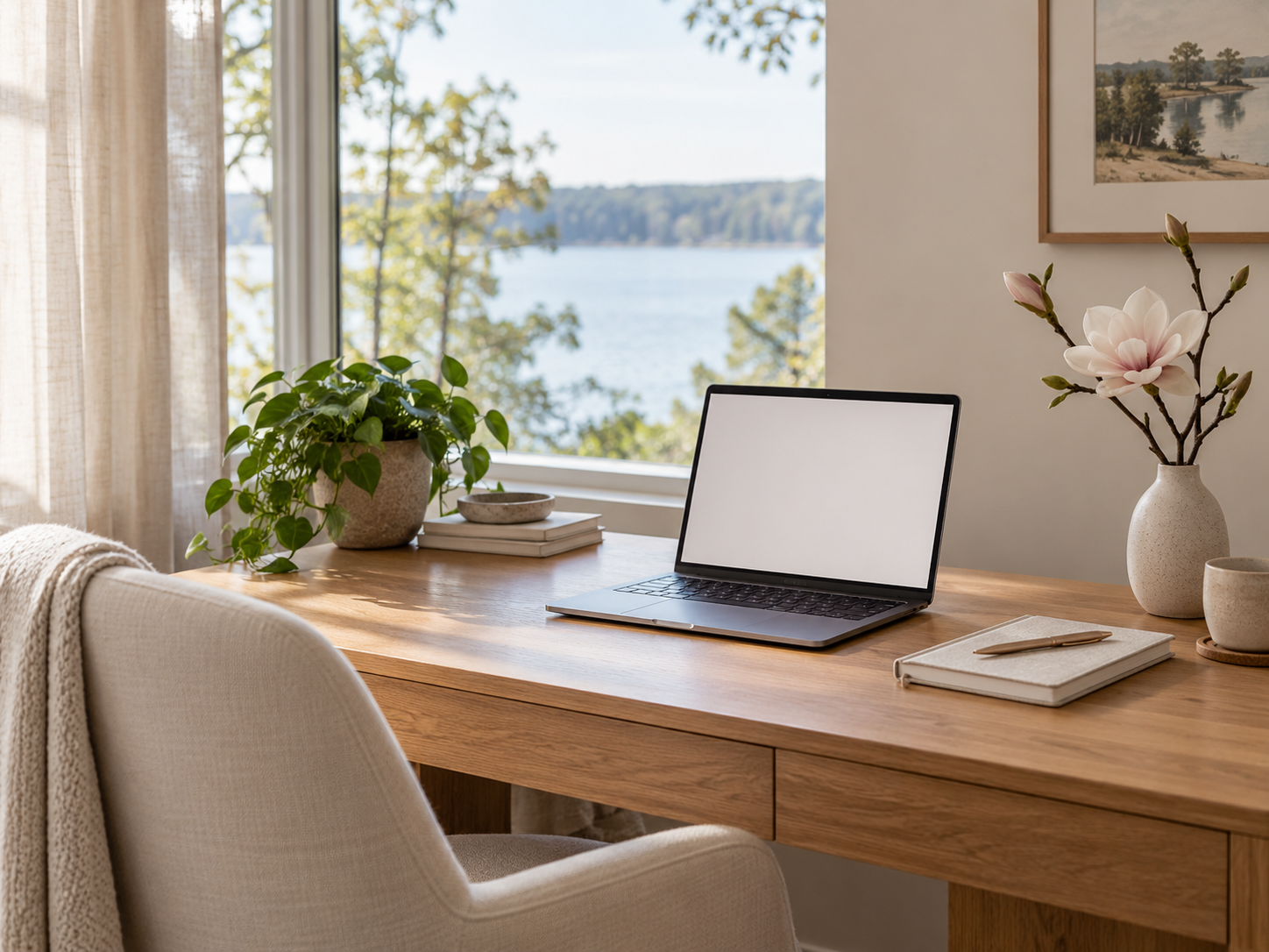 Private telehealth workspace overlooking a Michigan lake