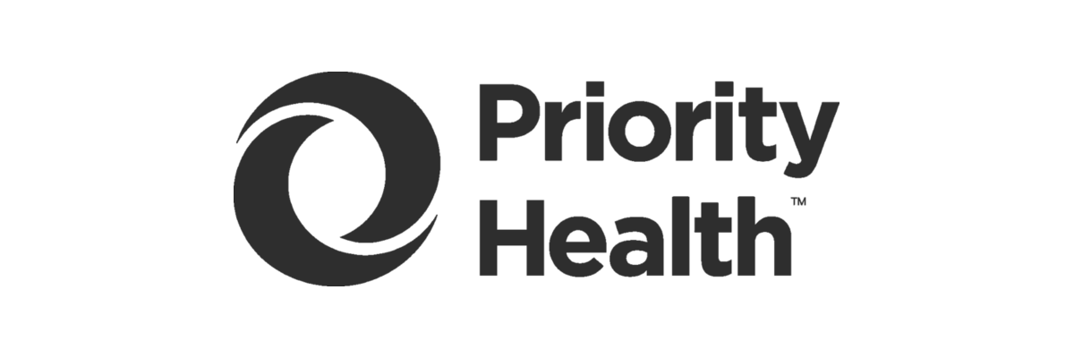 Black and white Priority Health logo with stylized circular arrow design to the left of the text.