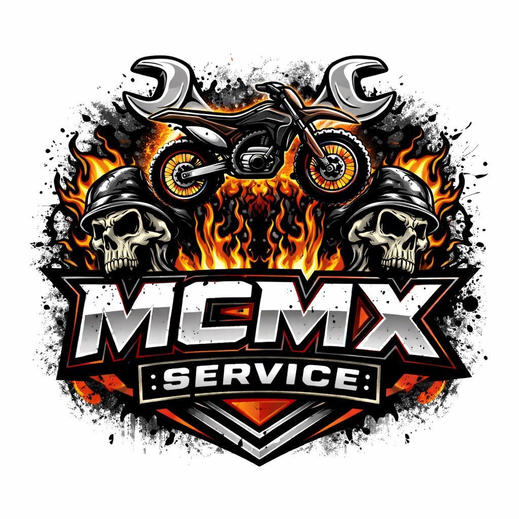 A logo for MCMX Service featuring a dirt bike with flaming skulls, flames, and tools.