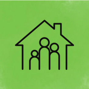 Simple black outline of a house with three people inside on a green background.