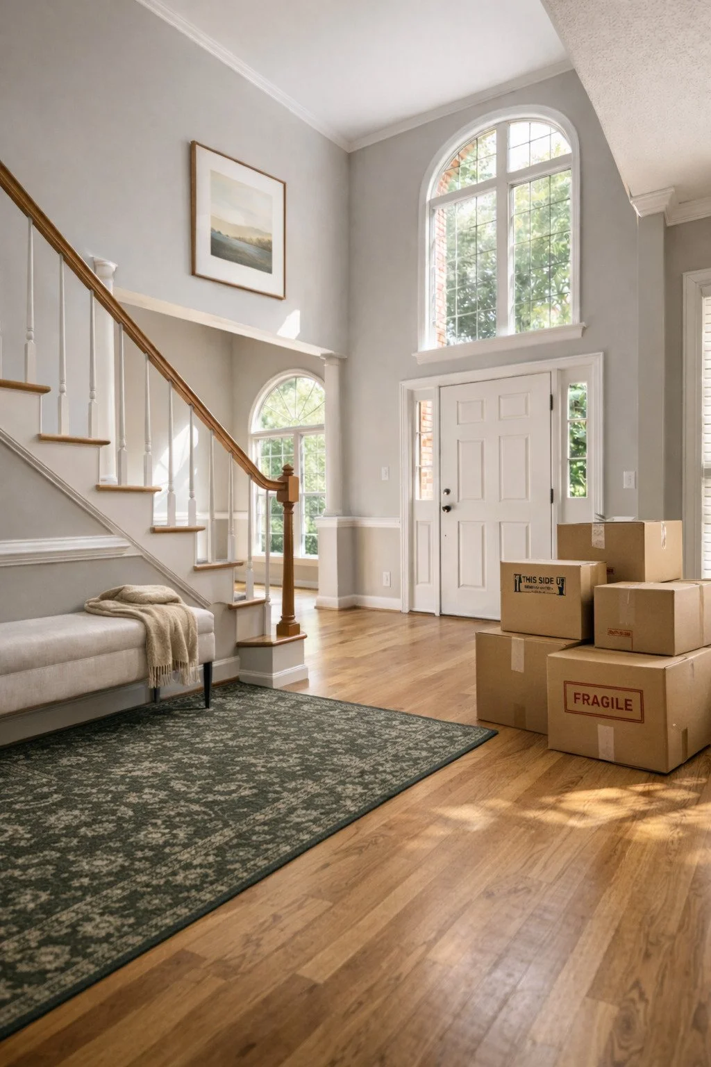 Entryway with packed boxes during a house cleanout.