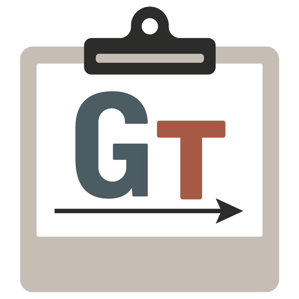 A gray clipboard with a paper displaying large letters 'G' and 'T' with an arrow pointing to the right.