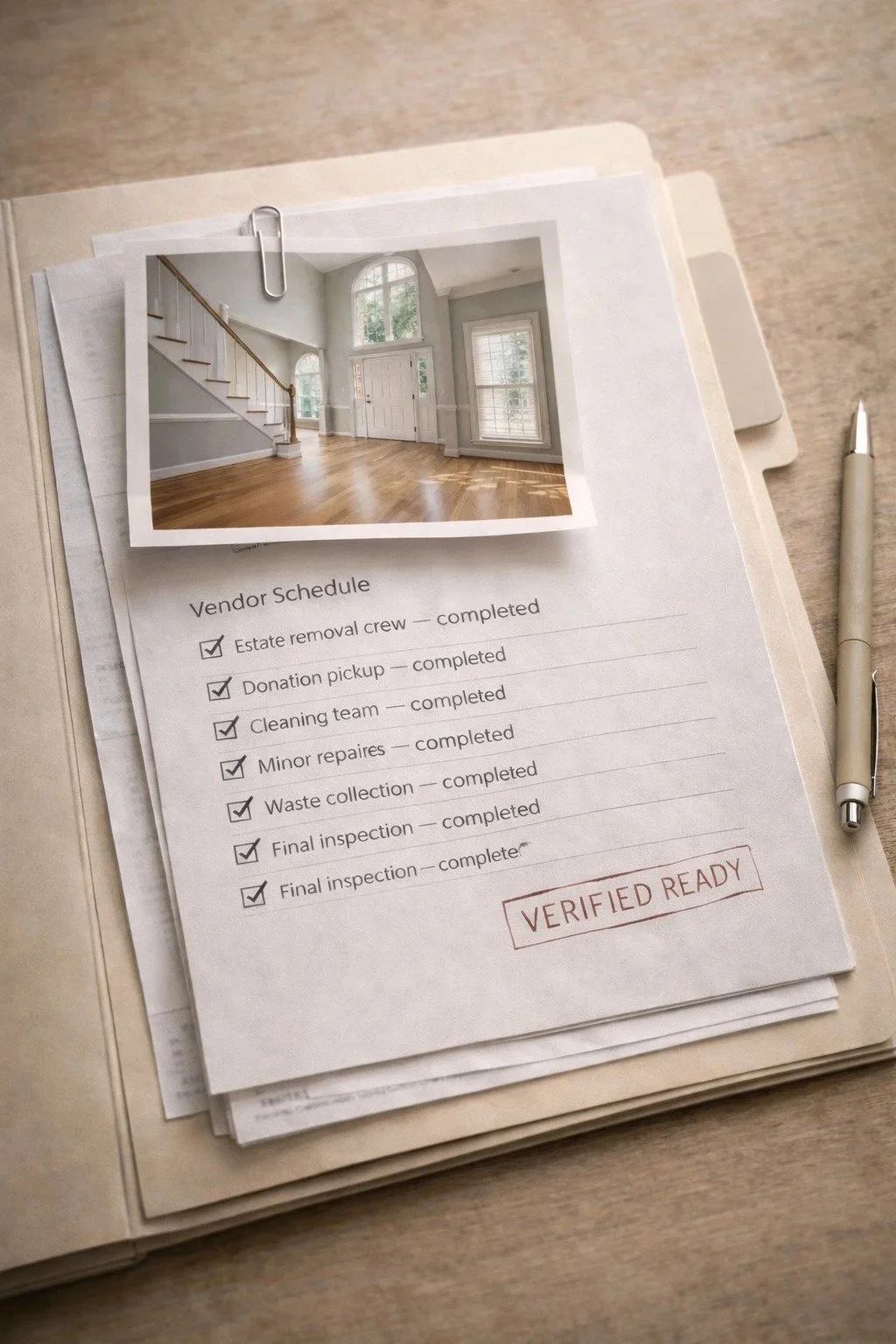 Documentation confirming house clearout is complete and ready.