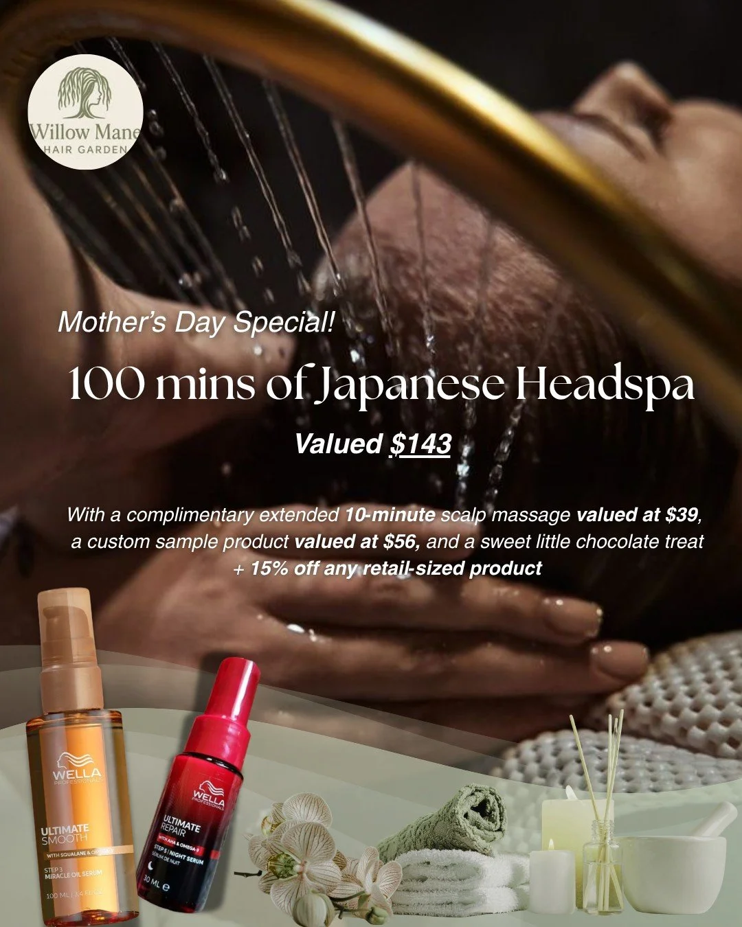 🌸 Mother&rsquo;s Day is almost here! 
Treat yourself, your mum, or someone you love to our Mother&rsquo;s Day Special, Enjoy 100 minutes of pure relaxation with our Japanese Headspa valued $143.
With a complimentary extended 10‑minute scalp massage 